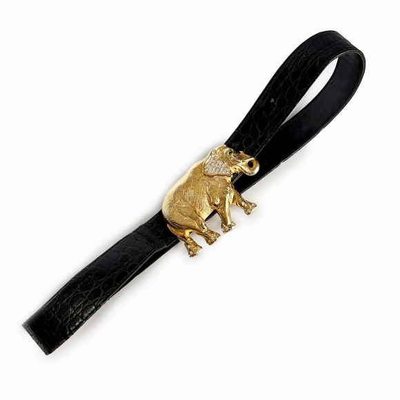 Elephant Belt Buckle with Rhinestones Vintage Retro 1980s with Croc Stamp Strap - Picture 2 of 12